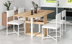 TOPMAX Modern Compact 63inch 5-Piece Extendable Dining Table Set, Foldable Square Kitchen Table Set with Storage Rack and 4 PU Leather Upholstered Dining Chairs for Small Places, White