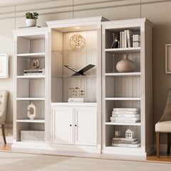 78.75'' Tall 3-Pieces Bookcase, Display Cabinet with 5 Colors Adjustable LED Ceiling Light, Retro style Bookshelves with tempered glass shelves for Living Room, Office, Studio or Workspace, White