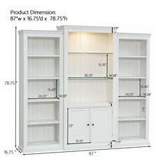 78.75'' Tall 3-Pieces Bookcase, Display Cabinet with 5 Colors Adjustable LED Ceiling Light, Retro style Bookshelves with tempered glass shelves for Living Room, Office, Studio or Workspace, White