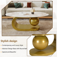 Modern Oval Coffee Table for Living Room, Marble Pattern Sintered Stone Coffee Tabletop with Gold Stainless Steel Base in 47.2"