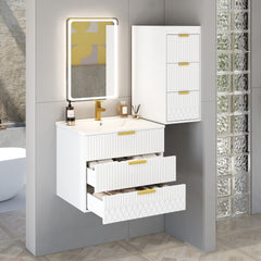 24inch Wall Mounted Floating Cabinet with Side Cabinet Combo, Rectangular Vanity, Small Bathroom Sink With Single Faucet Hole and Overflow, Modern Bathroom Cabinet with Ceramic Basin Sink