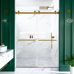 56"-60"W x 80"H Frameless Double Sliding Shower Door, 3/8 inches (10mm) Thick SGCC Tempered Glass Door, Brushed Gold