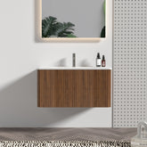 Etna 30" Striped Walnut Bathroom Vanity with White Ceramic Sink, Wall Mounted Floating Bathroom Vanity for Modern Bathroom, KD
