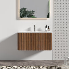 Etna 30" Striped Walnut Bathroom Vanity with White Ceramic Sink, Wall Mounted Floating Bathroom Vanity for Modern Bathroom, KD
