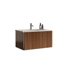 Etna 30" Striped Walnut Bathroom Vanity with White Ceramic Sink, Wall Mounted Floating Bathroom Vanity for Modern Bathroom, KD