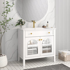 35.6" Mid-Century Bathroom Vanity Sink with Patterned Glass & Motion-sensor Light Strip, Farmhouse Freestanding Bathroom Vanity Sink with Storage, High-end Restroom Vanity Cabinet,White