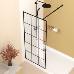 Framed Glass Shower Screen 34" Width x 72"Height with 1/4" 6mm Silk-printing Tempered Glass, Matte black aluminum and support bar, Shower door