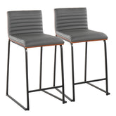 Mason Mara 26" Contemporary Fixed-Height Counter Stool in Black Metal, Walnut Wood and Grey Faux Leather by LumiSource - Set of 2