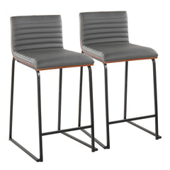 Mason Mara 26" Contemporary Fixed-Height Counter Stool in Black Metal, Walnut Wood and Grey Faux Leather by LumiSource - Set of 2