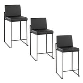 Fuji 26" Contemporary High Back Counter Stool in Black Steel and Black Faux Leather by LumiSource - Set of 3