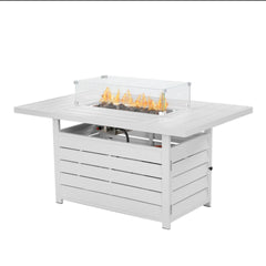54.3 Inches Outdoor Patio White Aluminum Fire Pit Table, 50000 BTU CSA Certified Propane Gas Fire Pit, Rectangular Fire Table w/Stainless Burner, Lava Rock, Waterproof Cover