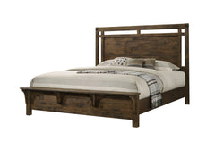 1pc Rustic Industrial Style Brown Finish Queen Size Panel Bed w Built in Bench Footboard Solid Wood Wooden Bedroom Furniture