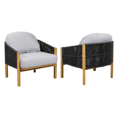 Grotta Outdoor Wood Club Chair, Dark Gray Rope with Gray Cushion, Set of 2