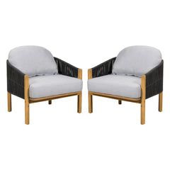 Grotta Outdoor Wood Club Chair, Dark Gray Rope with Gray Cushion, Set of 2