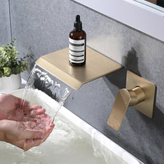 Wall Mount Bathtub Faucet Brushed Gold Single Handle Modern Bathroom Sink Faucet with Rough in Valve High Flow Filler Waterfall Tub Spout