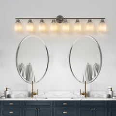 52" Modern 8-Light Vanity Wall Sconce, Brushed Nickel Finish with Frosted Glass Shades for Bathroom or Hallway Lighting (No Bulbs)