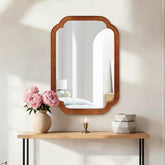 Yellowish Brown Color 20" x 30" Solid Wood Frame Rounded Corner Decorative Mirror, For Bedroom, Bathroom, Living Room, Entryway