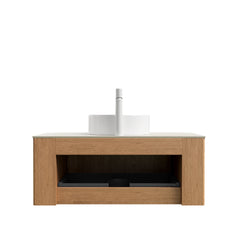 DINA 36" Bathroom Vanity&Sink, Floating Curved Edge Striped Plywood Storage Cabinet with Drawer, White Round Ceramic Basin&Travertine-Pattern Sintered Stone Top, Pre-assembled, Natural Woodgrain Color