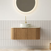 DINA 36" Bathroom Vanity&Sink, Floating Curved Edges Striped Cabinet with Drawer, Round Ceramic Basin with Stone Pattern&Travertine-Pattern Sintered Stone Top, Pre-assembled, Natural Woodgrain Color