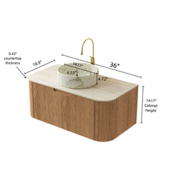 DINA 36" Bathroom Vanity&Sink, Floating Curved Edges Striped Cabinet with Drawer, Round Ceramic Basin with Stone Pattern&Travertine-Pattern Sintered Stone Top, Pre-assembled, Natural Woodgrain Color