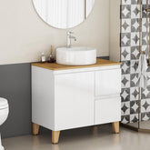 31.5-Inch Modern Bathroom Vanity with Sink Combo,1 Doors and 2 Big Drawer, Soft-Clost System,Handle-Free Design,Natural Solid Wood Top and Feet,Round Ceramic Basin On the Countertop,Glossy White