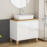 31.5-Inch Modern Bathroom Vanity with Sink Combo,1 Doors and 2 Big Drawer, Soft-Clost System,Handle-Free Design,Natural Solid Wood Top and Feet,Square-Shap Ceramic Basin On the Countertop,Glossy White