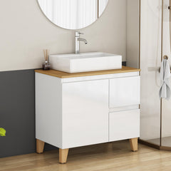 31.5-Inch Modern Bathroom Vanity with Sink Combo,1 Doors and 2 Big Drawer, Soft-Clost System,Handle-Free Design,Natural Solid Wood Top and Feet,Square-Shap Ceramic Basin On the Countertop,Glossy White