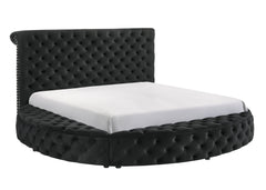 1pc Unique Round Plush Black Velvet Button-Tufted Detailing Storage Bed Queen Size