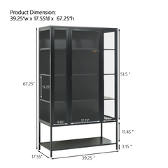 67.25'' Tall Iron Display Cabinet with Glass Door and LED Lights Steel Curio Cabinet for Collectibles Figures Trophies 3-Sided Glass Display Case for Home Office Study Room Stores Playroom - Black