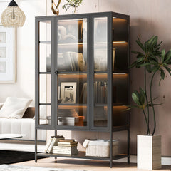 67.25'' Tall Iron Display Cabinet with Glass Door and LED Lights Steel Curio Cabinet for Collectibles Figures Trophies 3-Sided Glass Display Case for Home Office Study Room Stores Playroom - Black