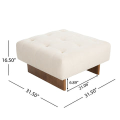 Square Upholstered Tufted Linen Fabric Ottoman, Solid Wood Legs, Beige