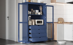 TOPMAX 44.7x20x75inch Kitchen Pantry, Freestanding Kitchen Storage Cabinet Display Cabinet with Glass Doors and 4 Built-in Drawers for Living Room, Home Office, Blue