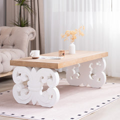 Ornate Wood Coffee Table – 47" Rectangular Farmhouse Style Table with White Carved Base and Natural Wood Top – Living Room Accent Table – Elegant Centerpiece for Modern or Traditional Decor