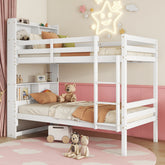 Twin Over Twin Bunk Bed with Shelves , Rubber Wood Bed with Shelves Headboard, Safety Guardrails and Ladder, Convertible to 2 Beds,White