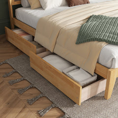 King Size Bed with Rattan Headboard, Two Storage Drawers, Rubber Wood Bed with Enhanced Support Slats and Feet,White Oak