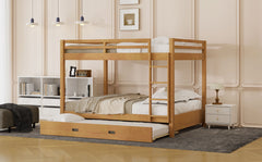 Wood Queen Size Bunk Bed with Ladder and Trundle, Wood Color