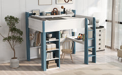 Full Size Wood Loft Bed with Built-in storage shelves, Clothes rails and desk, White+Blue