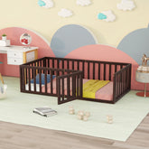 Twin Size Wood Floor Bed Frame with Fence and Door, Walnut