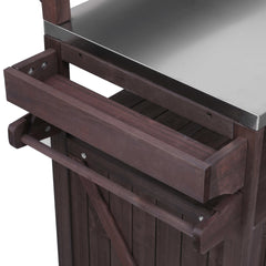 K&K 53.3" Outdoor Kitchen Island with Raised Shelf, Solid Wood Storage Cabinet with Stainless Steel Top, Outdoor Rolling Grill Cart with Internal Storage Rack, Adjustable Shelf, Spice Rack, Brown