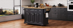 K&K 54inch Large Kitchen Island with Rubber Wood Drop Leaf, Embossed Texture Rolling Kitchen Cart on 4 Wheels with 4 Doors and 3 Drawers, Kitchen Island with Storage for Kitchen, Dining Room,Black