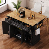 K&K 54inch Large Kitchen Island with Rubber Wood Drop Leaf, Embossed Texture Rolling Kitchen Cart on 4 Wheels with 4 Doors and 3 Drawers, Kitchen Island with Storage for Kitchen, Dining Room,Black
