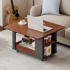 27.6'' Modern Multi-Function Coffee Table/Side Table with Foldable Top & Casters, Multi-tier storage, Black & Walnut
