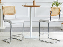 Natural rattan bar stool 2-piece set with solid wood backrest 25 inches medieval modern style counter stool white PU leather kitchen stool chrome metal legs.