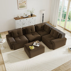 Modern Modular Sectional Sofa with 4-Seater,V Shaped Corner Couch,Corduroy Fabric,Deep Seat for Living Room, Movable Ottoman,Pearl-like piping, Tufted Design, No Assembly, Anti-slip Design,Brown