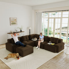 Modular Sectional Sofa with 5-Seater,V Shaped Corner Couch,Corduroy Fabric,2 Movable Ottomans, Deep Seat for Living Room, Pearl-like piping, Tufted Design, No Assembly, Anti-slip Design,Brown