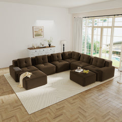Modular Sectional Sofafor Living Room, 6-Seater Corner Sofa, Big Comfy Corduroy V Shaped Couch with 2 Movable Ottomans,Pearl-like piping, Tufted Design, No Assembly, Anti-slip Design,Brown