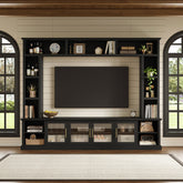 Entertainment Center Wall Unit for TVs up to 80", All-in-One Modern TV Stand with Bookshelves & Tempered Glass Doors, TV Console Unit with Shelving for Living Room, Entertainment