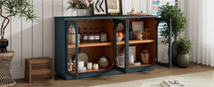 TREXM 4-Door Large Storage Buffet Cabinet with Glass Doors, Arched Cabinet with Adjustable Shelves for Kitchen, Dining Room and Living Room (Navy)
