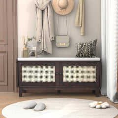 TREXM Boho Rattan Entryway Bench with Storage, Cushioned Shoe Bench with Double Doors, Wooden Shoe Organizer Bench for Entryway and Hallway (Espresso+Beige )