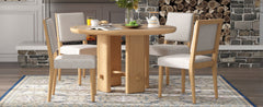 TREXM 5-Piece Round Dining Table Set for 4, Minimalist Farmhouse Dining Table with 4 Solid Wood Upholstered Chairs, Kitchen & Dining Room Sets (Natural)